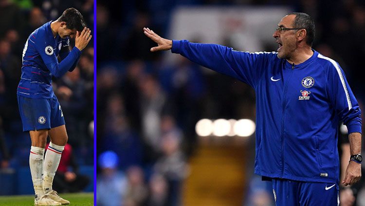Striker dan Pelatih Chelsea, Alvaro Morata (kiri) - Maurizio Sarri. Copyright: © GETTYIMAGES
