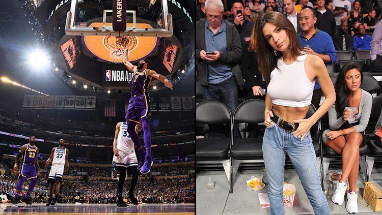 LA Lakers raih kemenangan (kiri) dan Emily Ratajkowski yang hadir dalam laga tersebut. Copyright: © Getty Images