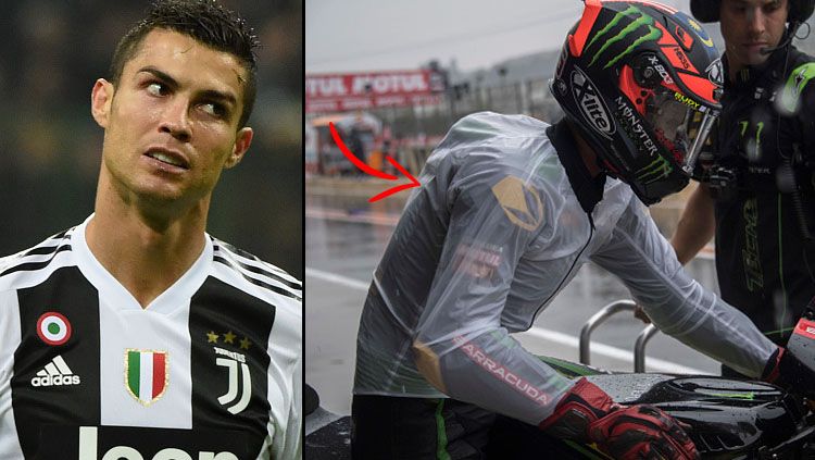 Pemain megabintang Juventus, Cristiano Ronaldo dan Hafizh Syahrin, pembalap MotoGP yang mengenakan jas hujan khusus. Copyright: © INDOSPORT