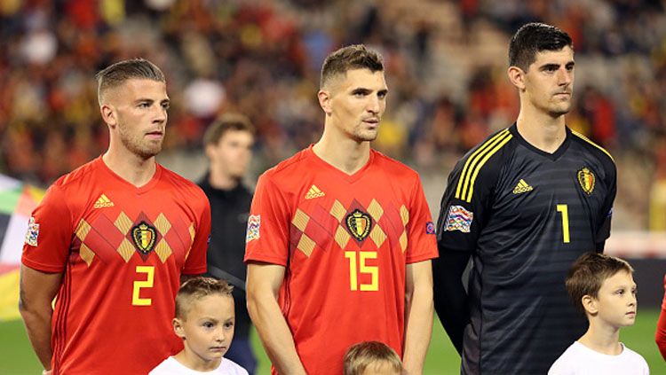 Thomas Meunier defender of Belgium and Thibaut Courtois, 3 para penggawa Timnas Belgia. Copyright: © Getty Images