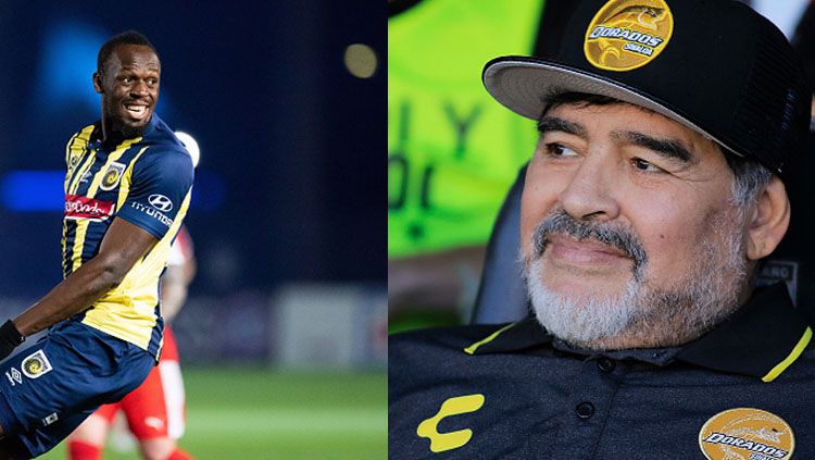 Mantan pelari dunia, Usain Bolt dan Diego Maradona, pelatih Darados sekaligus legenda sepak bola. Copyright: © INDOSPORT