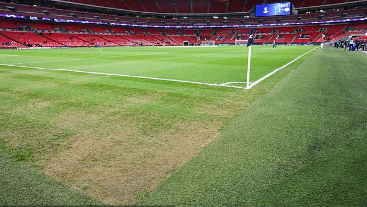 Kondisi Stadion Wembley terlihat botak di beberapa bagian pinggir lapangan. Copyright: © Daily Mail