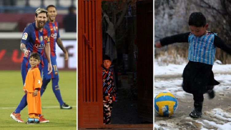 Lionel Messi ketika bertemu fans cilik Afganistan, Murtaza di Qatar pada 2016 Copyright: &copy; Marca