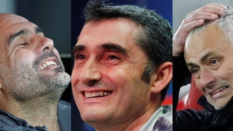 Dari kiri; Pelatih Man City Pep Guardiola, pelatih Barcelona Ernesto Valverde, dan pelatih Manchester United Jose Mourinho Copyright: &copy; RT.com