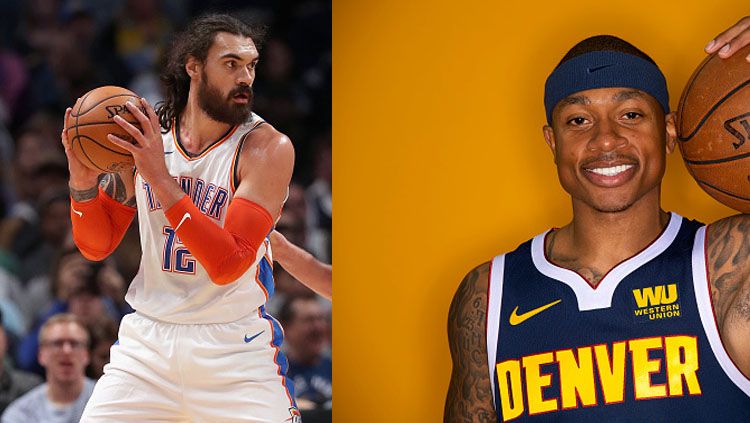 Bintang basket Oklahoma City Thunder, Steven Adams dan Isaiah Thomas, bintang basket Denver Nuggets. Copyright: © Getty Images