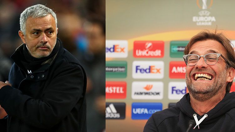 Mantan pelatih Manchester United, Jose Mourinho dan Jurgen Klopp, pelatih Liverpool. Copyright: © INDOSPORT