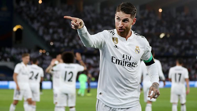 Sergio Ramos berselebrasi usai mencetak gol. Copyright: © Francois Nel/Getty Images