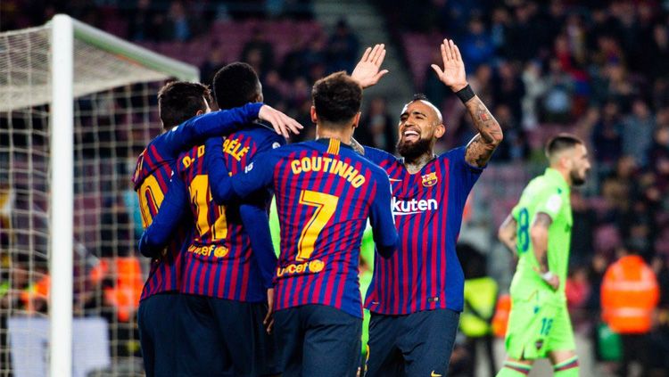 Para pemain Barcelona merayakan gol ke gawang Levante pada ajang Copa del Rey, Jumat (18/01/19). Copyright: © Twitter/@FCBarcelona