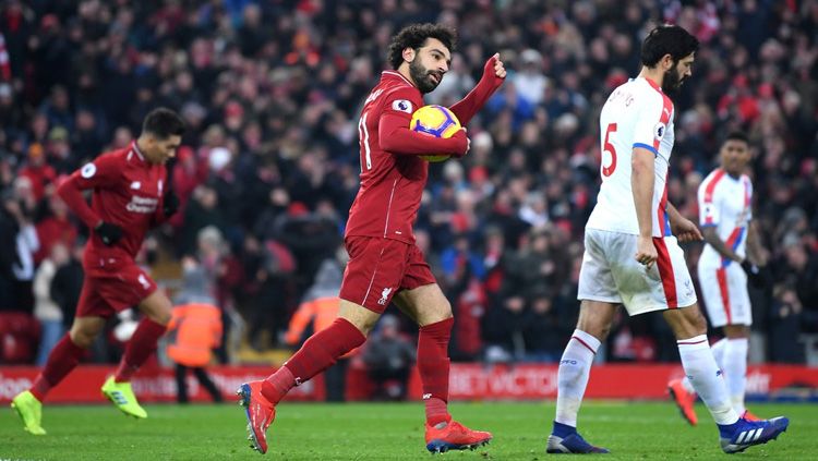 Pemain Liverpool Mohamed Salah merayakan gol ke gawang Crystal Palace pada laga Liga Primer Inggris (Premier League), Sabtu (19/01/19). Copyright: © Twitter/@OptaJoe
