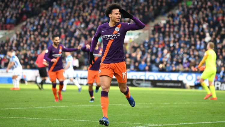 Penyerang Manchester City, Leroy Sane, saat mencetak gol untuk timnya di pertandingan Liga Primer Inggris, Minggu (20/01/19). Copyright: © Getty Images