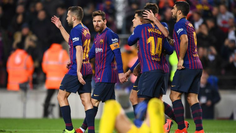 Selebrasi para pemain Barcelona usai cetak gol ke gawang Leganes, Senin (21/01/19). Copyright: © Getty Images