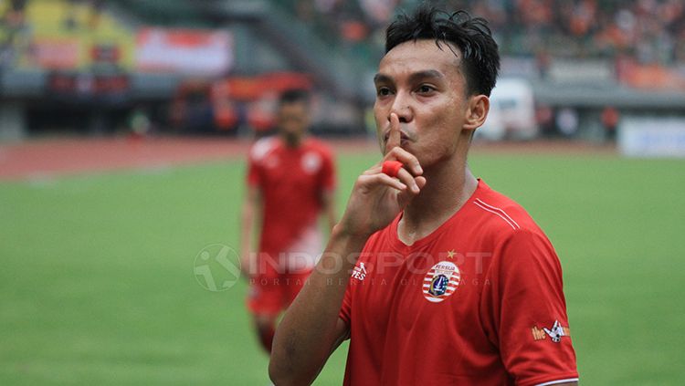 Gaya Novri Setiawan, setelah membuat gol untuk Persija Jakarta. Copyright: © Muhammad Nabil/INDOSPORT