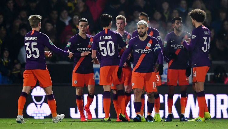 Momen perayaan gol para pemain Manchester City ke gawang Burton Albion dalam ajang Carabao Cup, Kamis (24/01/19). Copyright: © Getty Images