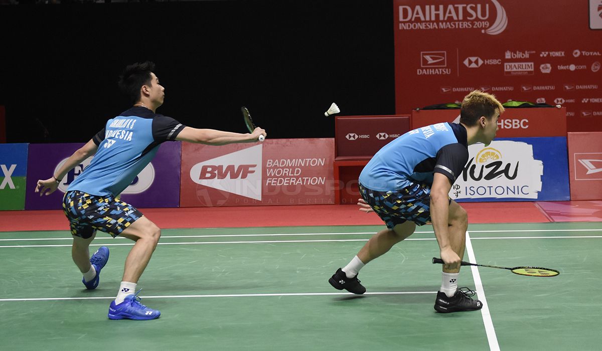 Pasangan ganda putra Indonesia, Marcus Fernaldi Gideon/Kevin Sanjaya Sukamuljo berhasil melaju ke final Indonesia Masters 2019 Copyright: © Herry Ibrahim/INDOSPORT