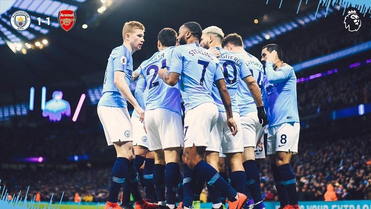 Man City merayakan gol cepat Aguero ke gawang Arsenal. Copyright: © twitter @ManCity