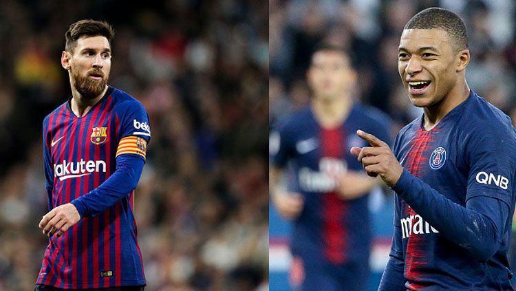 Pemain megabintang Barcelona, Lionel Messi dan Kylian Mbappe, pemain bintang PSG. Copyright: © INDOSPORT