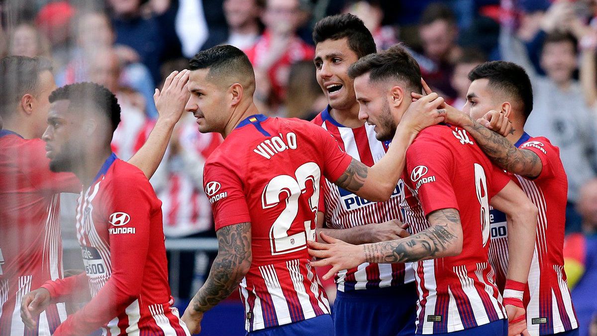 Selebrasi pemain Atletico Madrid usai gol Saul ke gawang Leganes, Sabtu (09/03/19). Copyright: © twitter.com/OptaJose