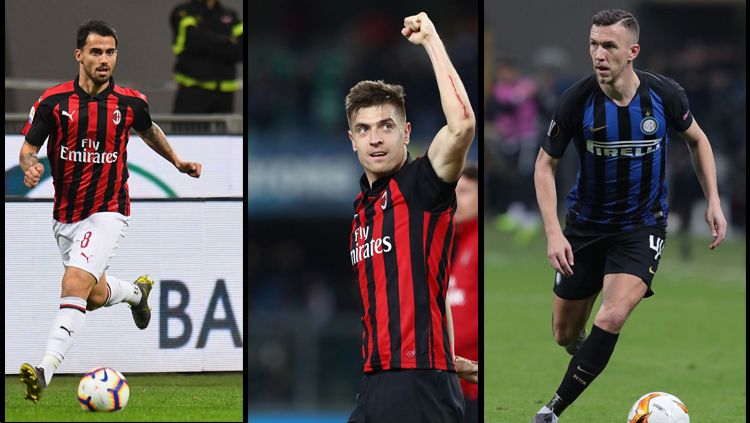 Pemain AC Milan Suso,Krzysztof Piatek, Dan Inter Milan Ivan Perisic. Copyright: © INDOSPORT/Yooan Rizky Syahputra