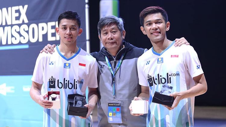 Fajar Alfian/Muhammad Rian Ardianto saat menang di turnamen Swiss Open 2019 pada Minggu (17/3/2019).