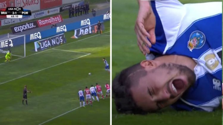 Pemain Porto, Alex Telles, cedera usai melakukan tendangan penalti ke gawang Braga. Copyright: © Marca