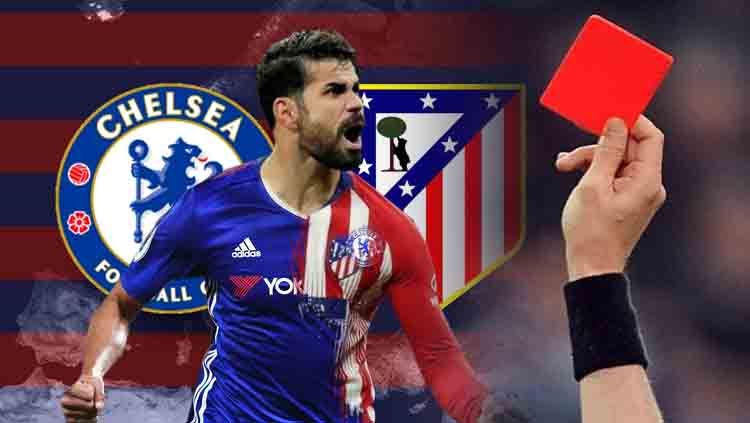 Ilustrasi Diego Costa mengenakan jersey Chelsea dan Atletico Madrid dan wasit memberikan kartu merah. Copyright: © Rob Newell - CameraSport/Gonzalo Arroyo Moreno Getty Images/Eli Suhaeli/INDOSPORT
