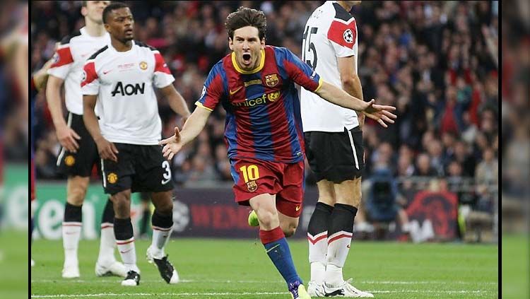 Moment ketika Lionel Messi berselebrasi saat menghadapi Manchester United Pada final Liga Champion 28 Mei 2011. Copyright: © El Arte Del Futbol