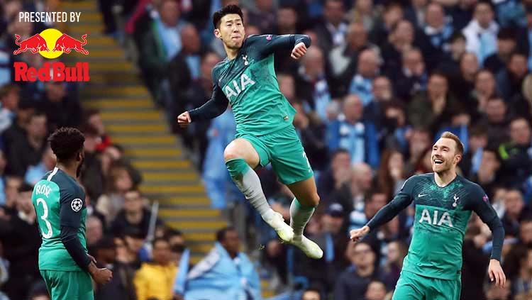 Selebrasi Son Heung-min usai cetak gol ke gawang Manchester City. Foto: LINDSEY PARNABY/AFP/Getty Images Copyright: © Laurence Griffiths/Getty Images