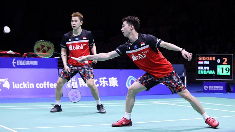 Kevin Sanjaya/Marcus Gideon saat kalah di final Badminton Asia Championships 2019. Copyright: © Humas PBSI