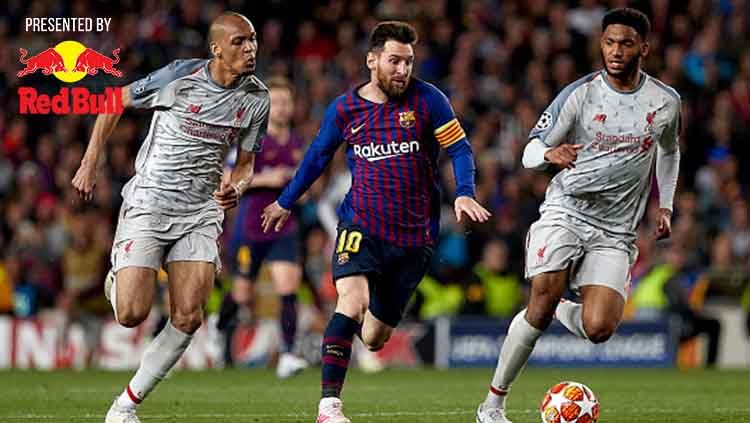 Lionel Messi dikawal dua pemain Liverpool Joe Gomez and Fabinho dalam laga semifinal Liga Champions leg pertama di Camp Nou, Kamis (02/05/19). Quality Sport Images/Getty Images Copyright: © Quality Sport Images/Getty Images