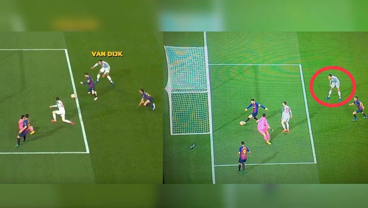 Virgil van Dijk tanyak hanya melihat pergerakan Lionel Messi menggiring bola di kemelut gawang timnya. Copyright: © Twitter
