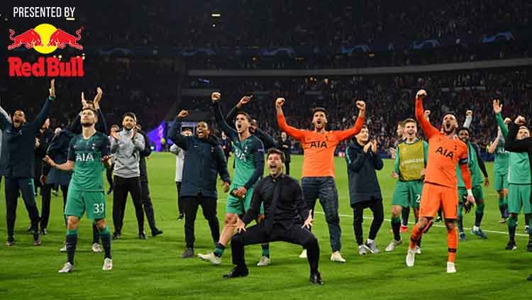 Selebrasi para pemain Tottenham Hotspur usai kalahkan Ajax Amsterdam sekaligus memastikan diri ke final Liga Champions 2018/19. Copyright: © Dan Mullan/GettyImages