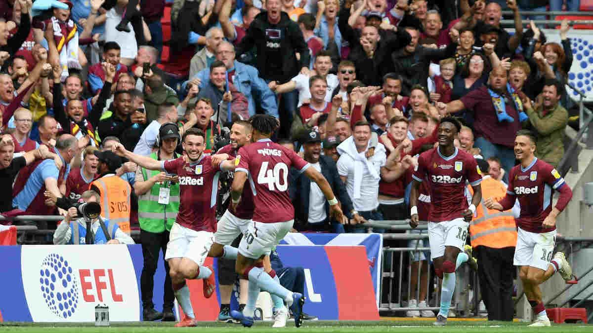 Selebrasi pemain Aston Villa usai cetak gol ke gawang Derby Coutry di final playoff Divisi Championship, Senin (27/05/19). Copyright: © twitter.com/AVFCOfficial