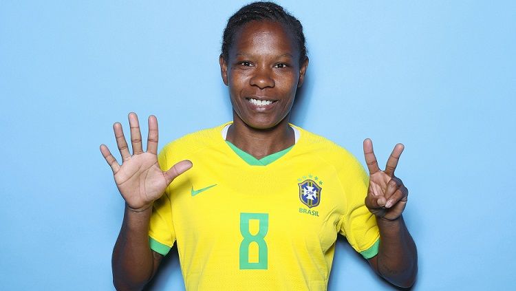 Berusia 43 tahun, Formiga masih memburu medali emas pertama bersama timnas sepak bola wanita Brasil, di Olimpiade Tokyo yang merupakan Olimpiade ketujuhnya. Copyright: © NAOMI BAKER / GETTY IMAGES