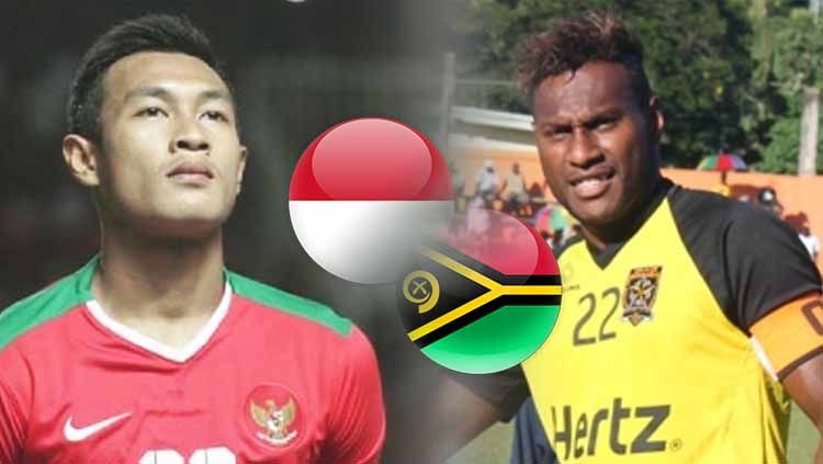 Persaingan dua bek, pemain Timnas Indonesia Hansamu Yama Pranata dan pemain Vanuatu, Brian Kaltack. Foto: bolastylo.bolasport/vbtc.vu Copyright: © bolastylo.bolasport/vbtc.vu