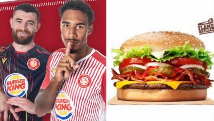Jersey klub sepak bola Stevenage FC yang mirip penjual burger. Copyright: © Sportbible
