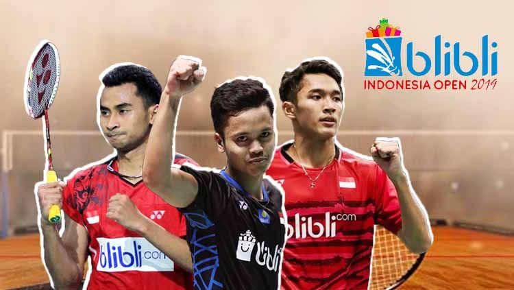 Anthony Ginting, Jonatan Christie, Tommy Sugiarto dan logo Indonesia Open 2019 Copyright: © Grafis: Eli Suhaei/INDOSPORT