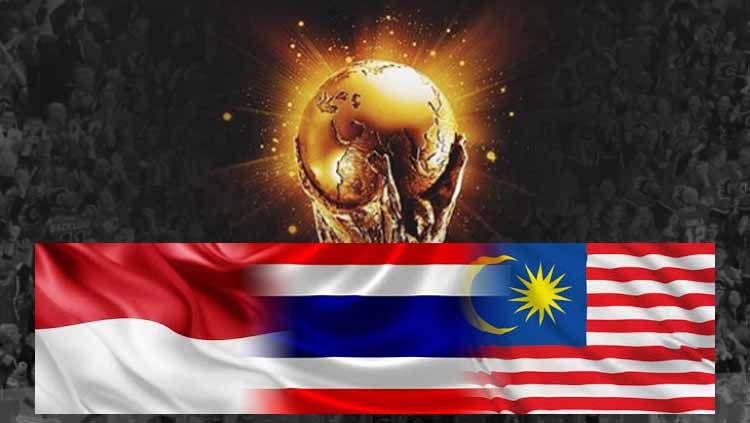 Bendera Indonesia, Thailand, Malaysia dan Piala Dunia. Copyright: © INDOSPORT