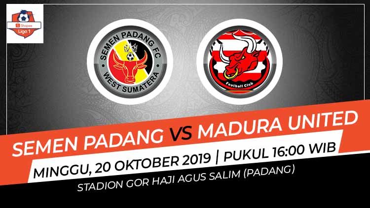 Laga pekan ke-23 Shopee Liga 1 antara Semen Padang melawan Madura United, Minggu (20/10/19), bisa disaksikan secara langsung di kanal live streaming Vidio.com. Copyright: © Grafis: Indosport.com