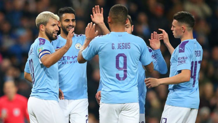 Perayaan gol kedua Sergio Aguero di pertandingan Carabao Cup Manchester City vs Southampton, Rabu (30/10/19). Copyright: © Alex Livesey/Getty Images