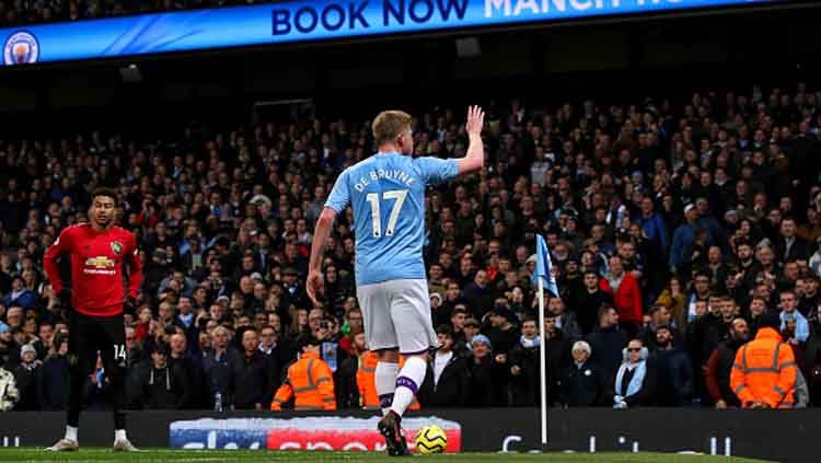 Gelandang serang Manchester City, Kevin De Bruyne meminta pendukung timnya agar tidak emosi dalam pertandingan Liga Inggris bertajuk Derby Manchester di Etihad Stadium Copyright: &copy; Matthew Aston/GettyImages