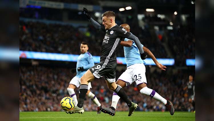 Proses gol Jamie Vardy ke Gawang Manchester City. Copyright: © Clive Brunskill/Getty Images
