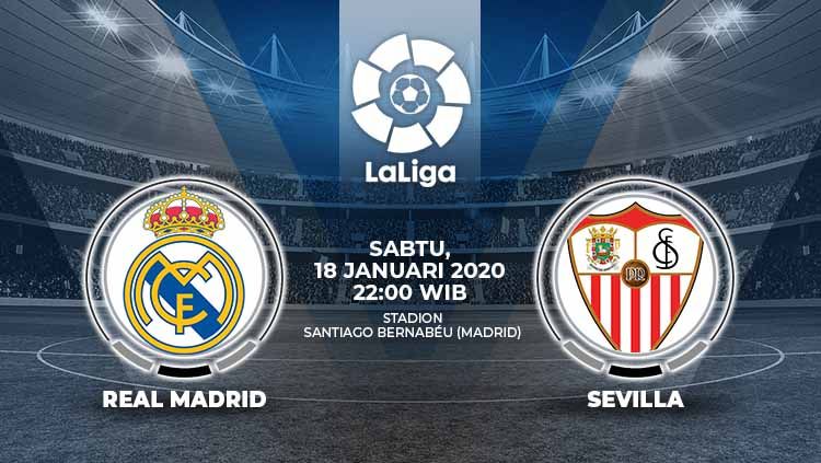 Berikut prediksi pertandingan LaLiga Spanyol pekan ke-20 antara Real Madrid vs Sevilla di Stadion Santiago Bernabeu, Sabtu (18/01/20) pukul 22.00 WIB malam. Copyright: © Grafis:Ynt/Indosport.com