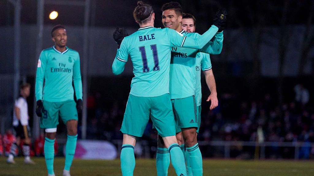 Striker Real Madrid, Gareth Bale merayakan golnya ke gawang Unionista Salamanca Copyright: © Quality Sport Images/Getty Images