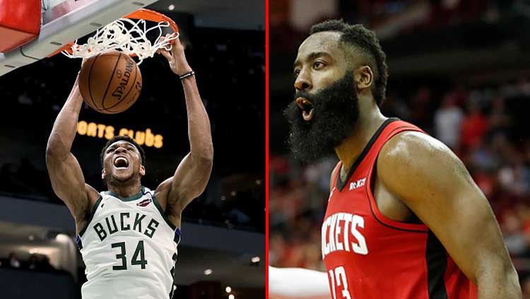 Dua bintang basket NBA, Giannis Antetokounmpo (kiri) dari Milwaukee Bucks dan James Harden, bintang Houston Rockets. Copyright: © Dylan Buell/Tim Warner/GettyImages