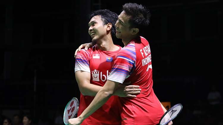 Fajar Alfian saat berpasangan dengan Mohammad Ahsan. Hari ini keduanya akan bertemu sebagai lawan di final All England 2023, live di RCTI. Copyright: © Humas PBSI