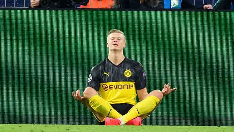 Penyerang Borussia Dortmund, Erling Haaland memberikan kemenangan untuk timnya saat melawan PSG di babak 16 besar Liga Champions 2019-2020 leg pertama di Signal Iduna Park. Copyright: © DeFodiImages/GettyImages