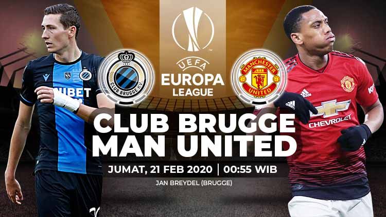 Berikut prediksi pertandingan leg pertama babak 32 besar turnamen Liga Europa 2019/2020 antara tuan rumah Club Brugge vs Manchester United. Copyright: © Grafis:Yanto/Indosport.com