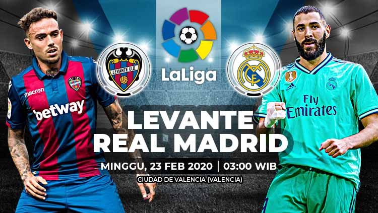 Berikut link live streaming pertandingan LaLiga Spanyol antara Levante vs Real Madrid, Minggu (23/02/20). Copyright: © Grafis:Yanto/Indosport.com