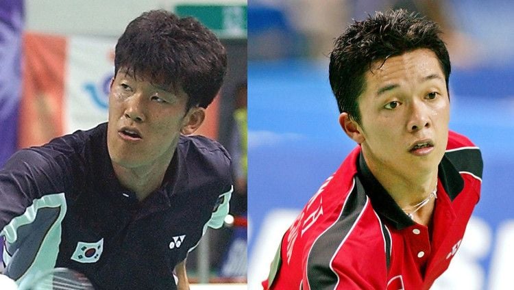 Eks atlet badminton Korea Selatan Shon Seung-Mo (kiri) dan legenda bulutangkis Indonesia Taufik Hidayat (kanan). Copyright: © Kim Jae-Hwan/Yoshikazy Tsuno/AFP via Getty Images