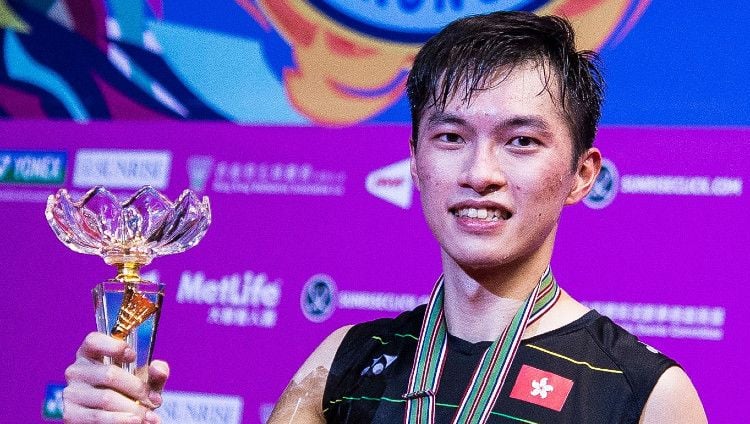Ungkapan emosional pebulutangkis Hong Kong, Ng Ka Long Angus, usai juara German Open 2023. Copyright: © Power Sport Images/Getty Images